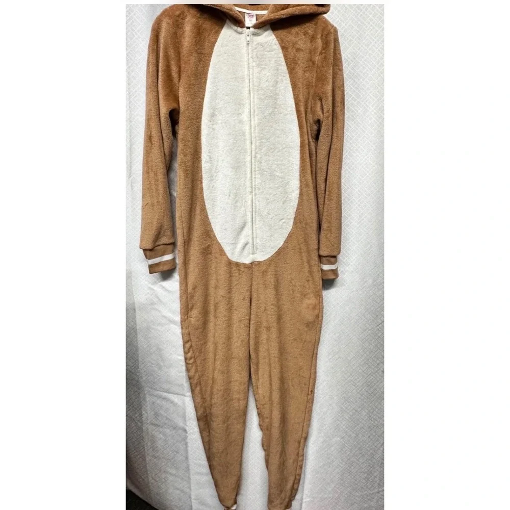 North Pole Trading Co Reindeer Plush Fleece Union Suit Pajamas Brown XS